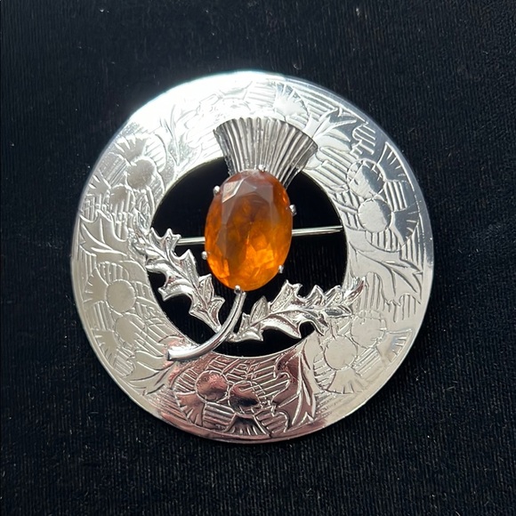 Scottish Large Plaid Brooch Thistle  Silver Tone Orange Stone Brooch Mizpah - Picture 1 of 7